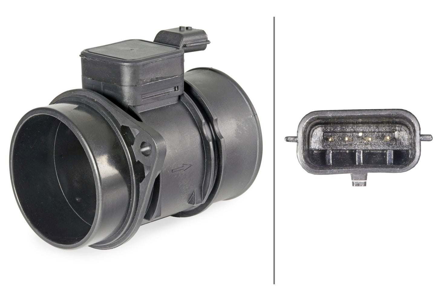 HELLA Mass Air Flow Sensor - 4-pin connector - Pipe-neck 8ET358095-131