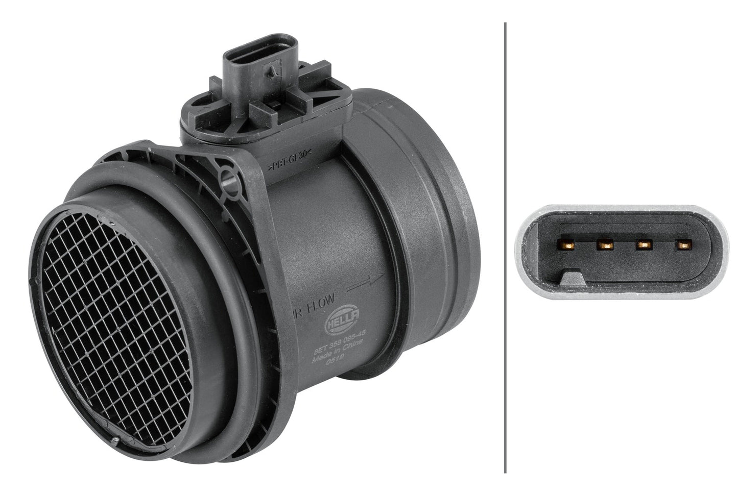 HELLA Mass Air Flow Sensor - 4-pin connector - Pipe-neck 8ET358095-451