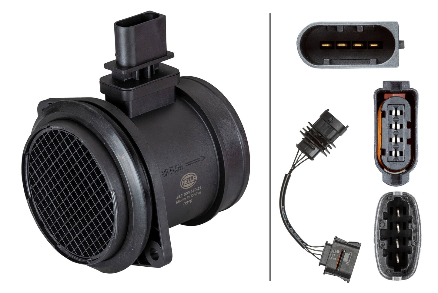 HELLA Mass Air Flow Sensor - 4-pin connector - Pipe-neck 8ET009149-211