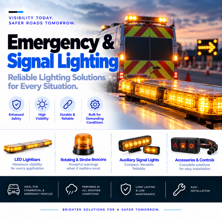 Unbranded amber vehicle warning lightbar and compact emergency signal lighting units.