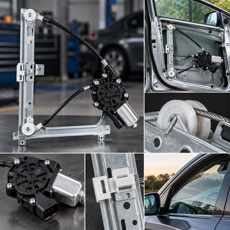 Replacement car window regulator mechanism beside a vehicle door with the window glass visible