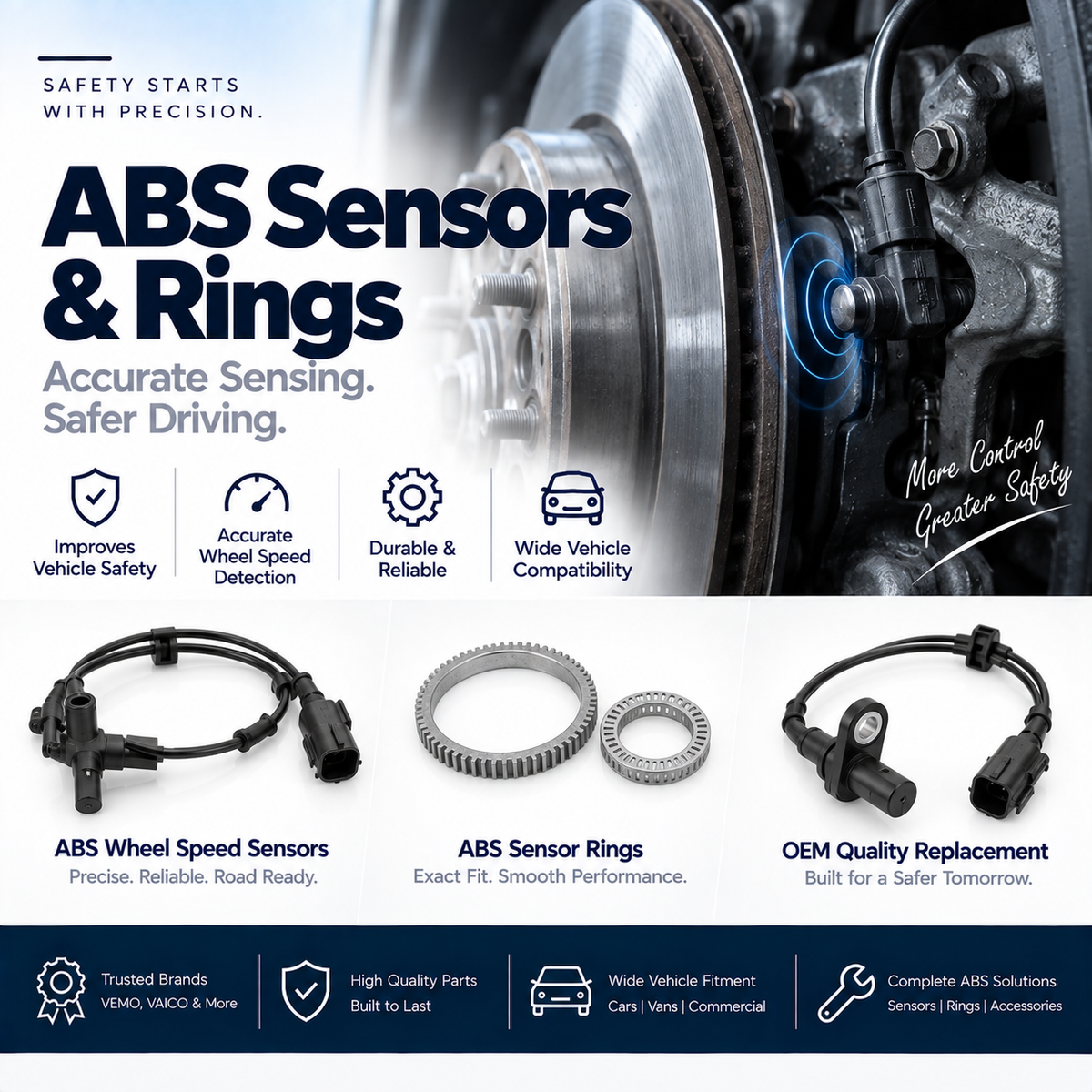 Replacement ABS wheel speed sensor and metal sensor ring beside a vehicle wheel hub.