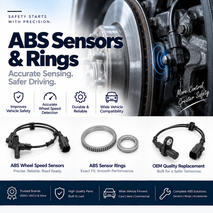 Replacement ABS wheel speed sensor and metal sensor ring beside a vehicle wheel hub.