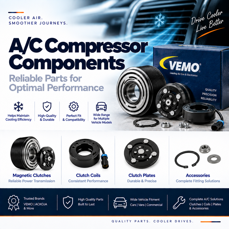 Replacement automotive A/C compressor magnetic clutch beside a car air conditioning compressor.