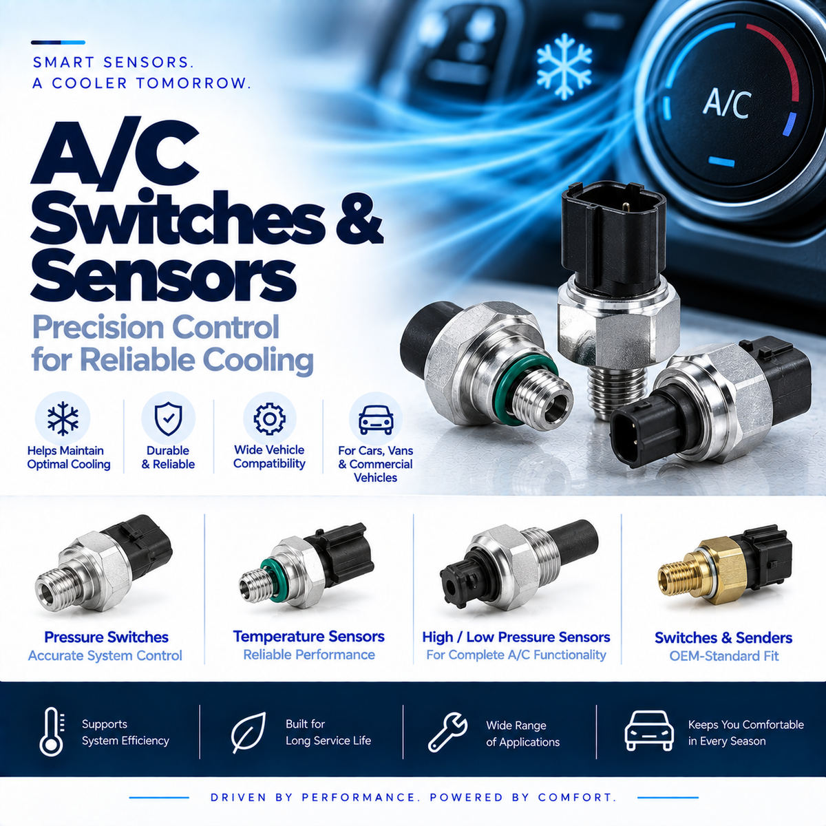 Replacement automotive air conditioning pressure switches showing their electrical connectors and threaded fittings beside a vehicle A/C system.