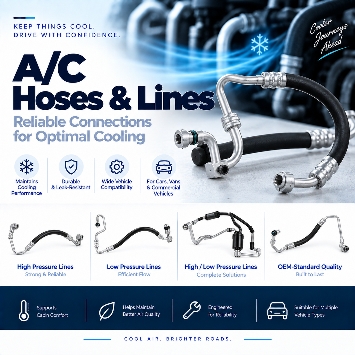 Automotive A/C refrigerant hose and metal pressure pipe with connection fittings beside a vehicle engine bay.