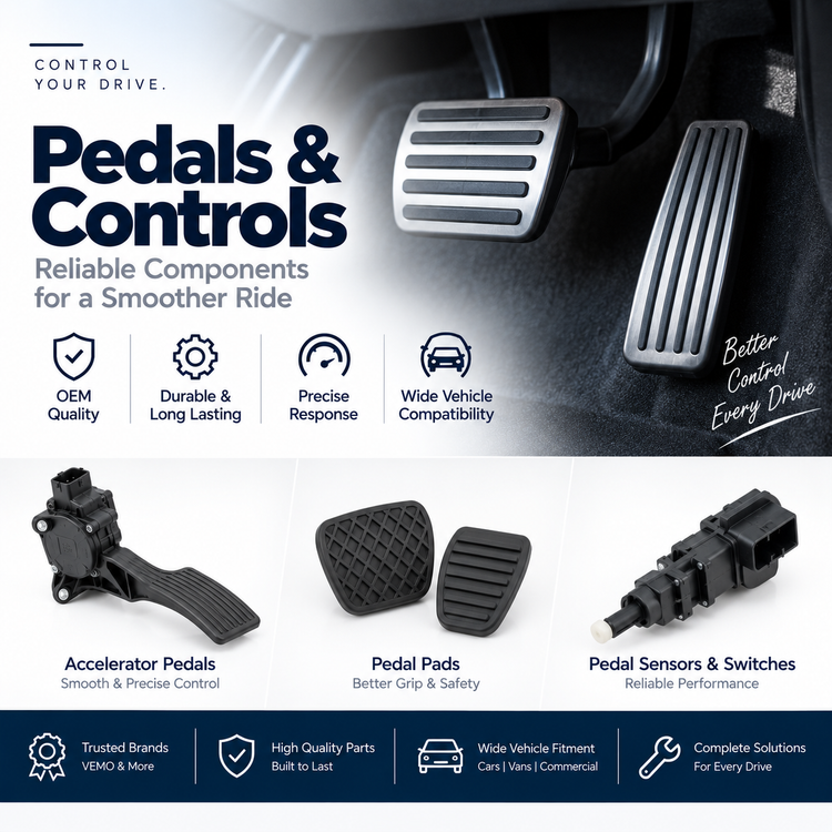 Replacement electronic accelerator pedal and pedal position sensor beside a vehicle's driver footwell.