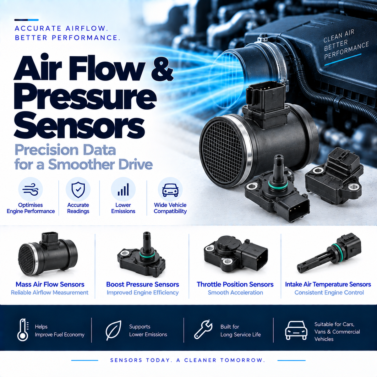 Unbranded automotive mass air flow sensor and MAP sensor beside a vehicle engine air intake.
