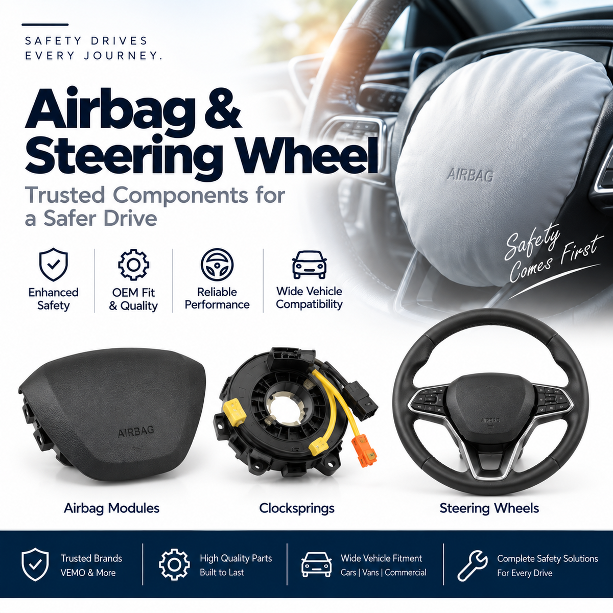 Replacement automotive airbag clockspring beside a steering wheel showing its installation location.