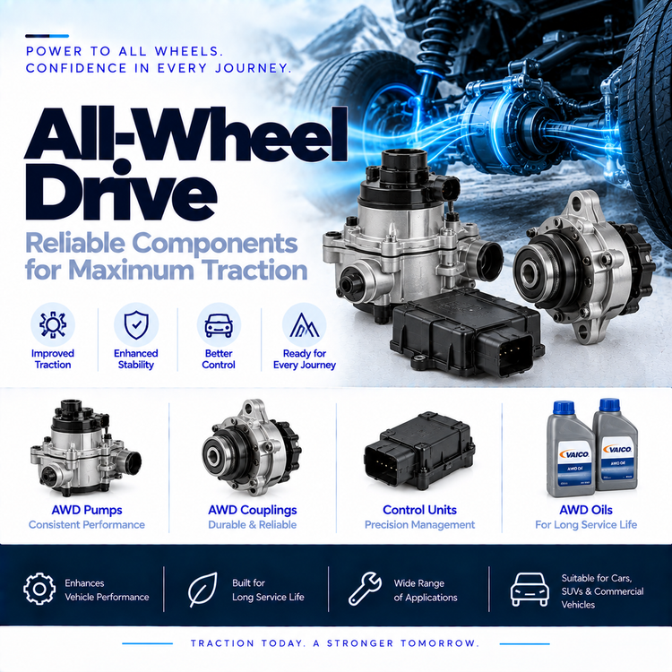 Replacement all-wheel-drive coupling and electric coupling pump beside a vehicle drivetrain.