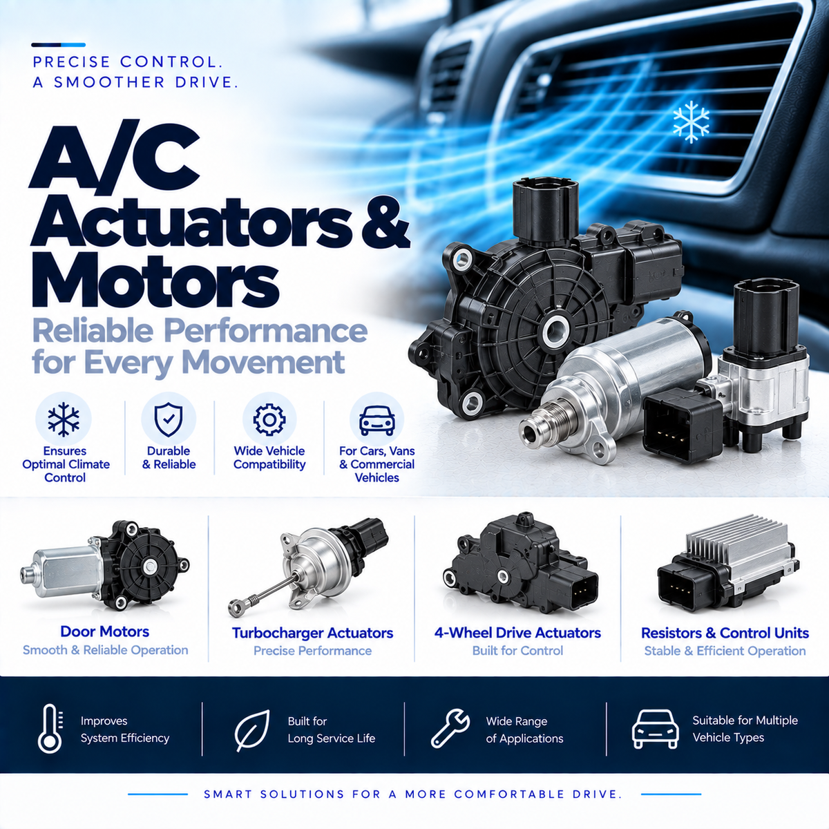 Automotive turbocharger actuator and compact electric motor beside a vehicle engine bay.