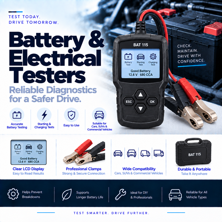 Unbranded automotive battery tester connected to a car battery.