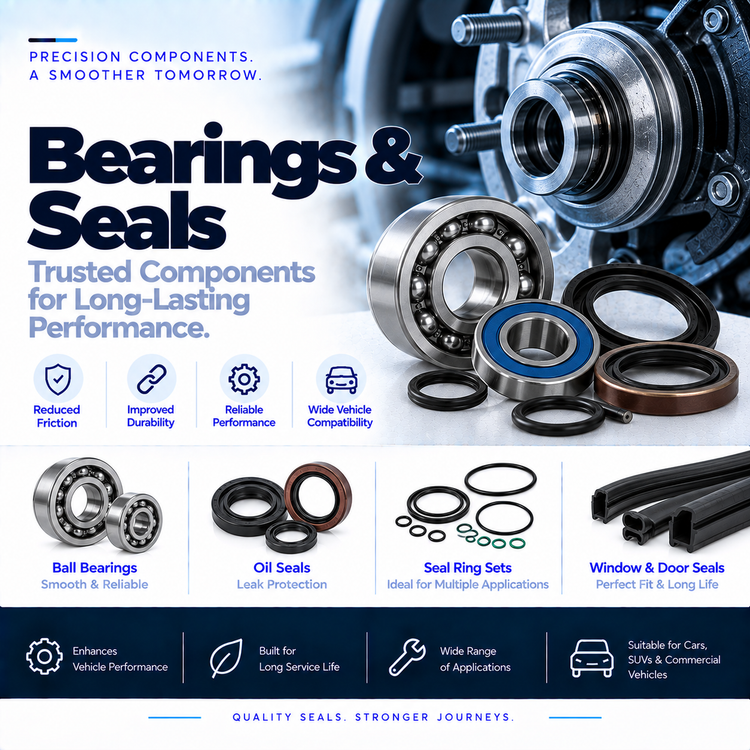 Unbranded automotive ball bearing and oil seal displayed beside a vehicle suspension assembly.