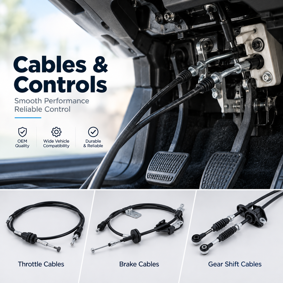 Automotive control cables and replacement cable mechanisms beside vehicle components