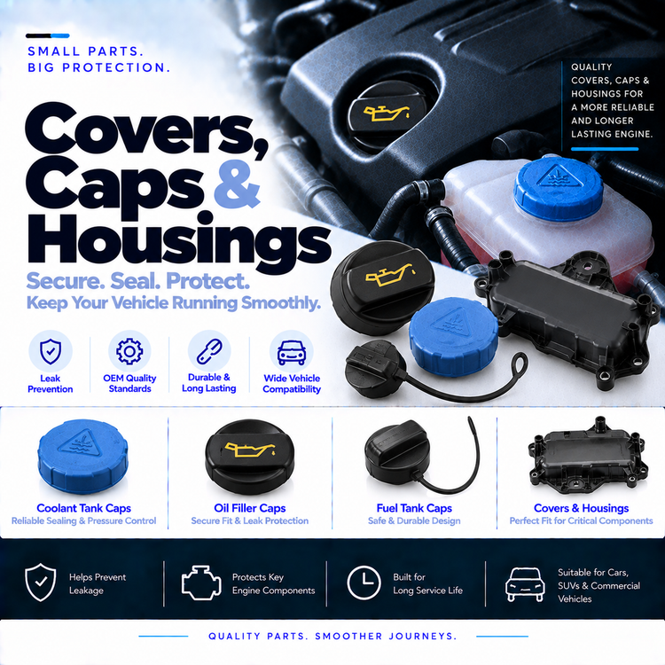 Unbranded automotive coolant reservoir cap, oil filler cap and engine housing cover.