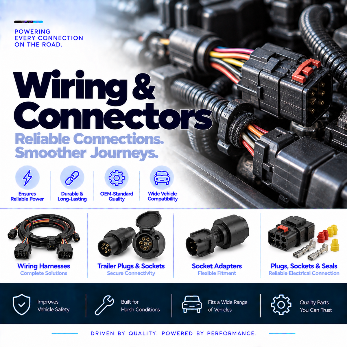 Automotive wiring harnesses, electrical plugs, sockets and connector adapters