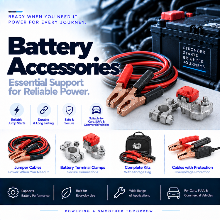 Unbranded red and black automotive jumper cables with battery terminal clamps beside a car battery.