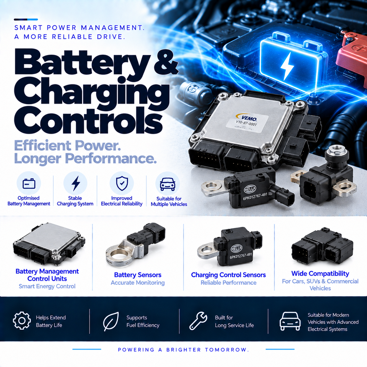 Automotive battery management sensor and electronic control unit beside a vehicle battery installation.