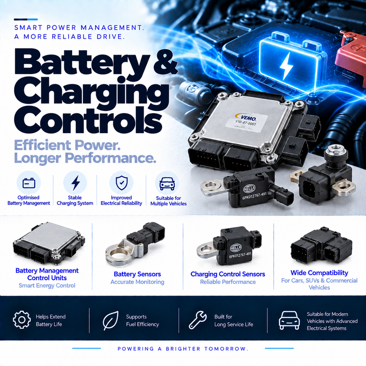 Automotive battery management sensor and electronic control unit beside a vehicle battery installation.