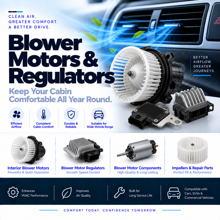 Automotive cabin blower motor with fan wheel and blower speed regulator beside a vehicle HVAC assembly.