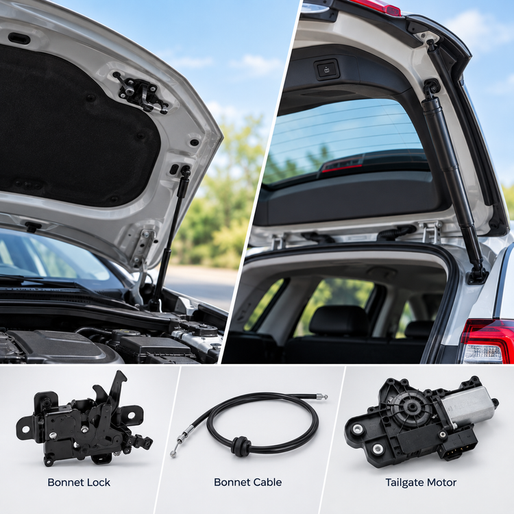 Replacement car bonnet lock, release cable and electric tailgate motor shown with their vehicle applications.