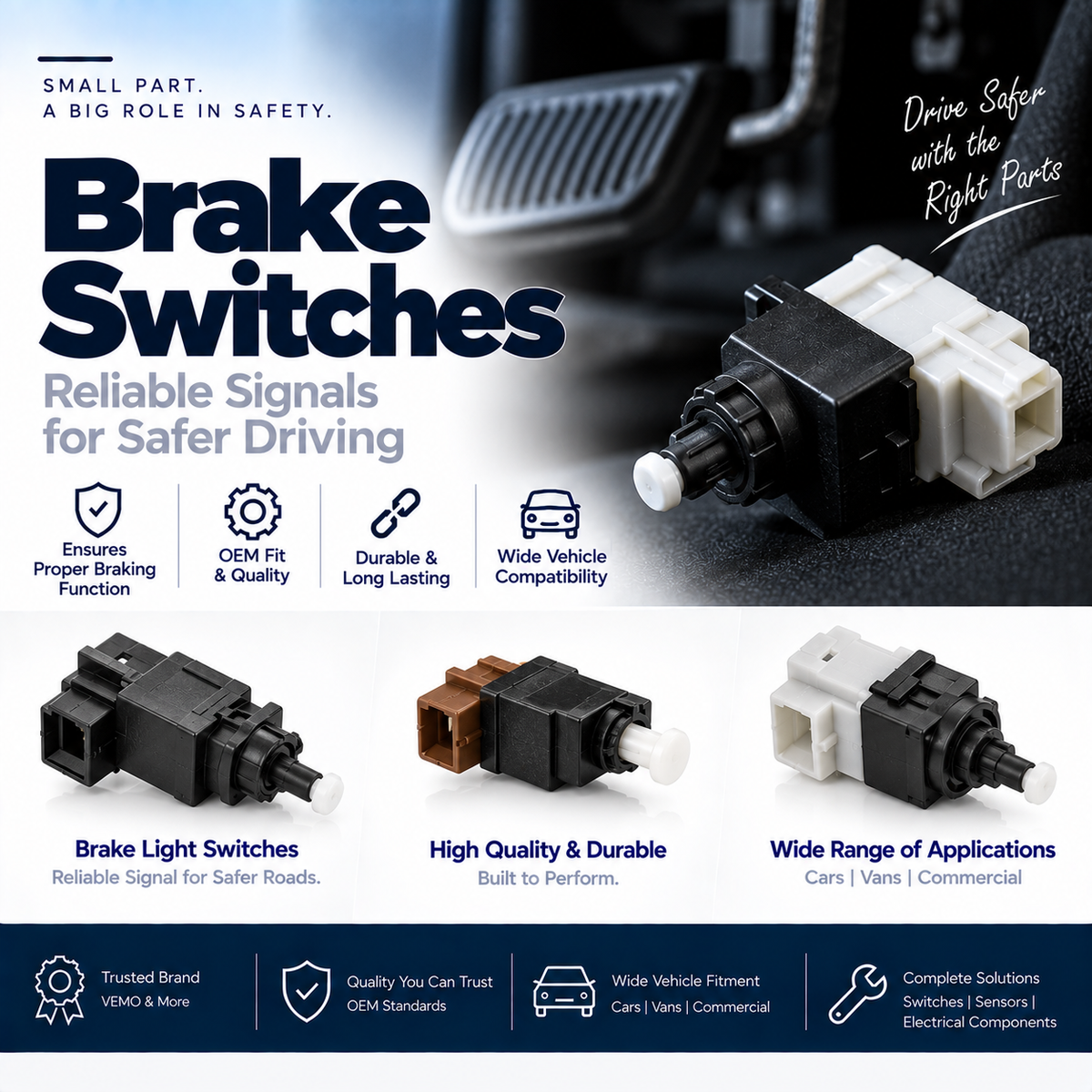 Replacement automotive brake light switch beside a car brake pedal showing its installation location.