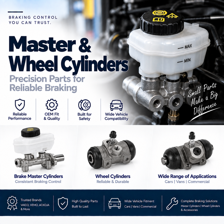 Replacement automotive brake master cylinder beside a car engine bay showing its installation location.