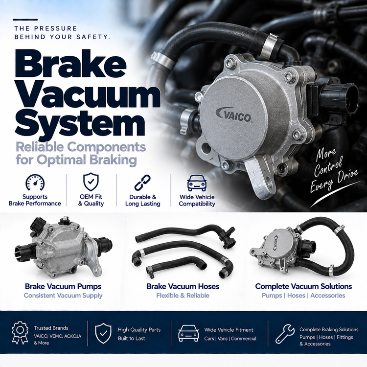 Automotive brake vacuum pump and vacuum hose beside a vehicle engine bay showing their application.