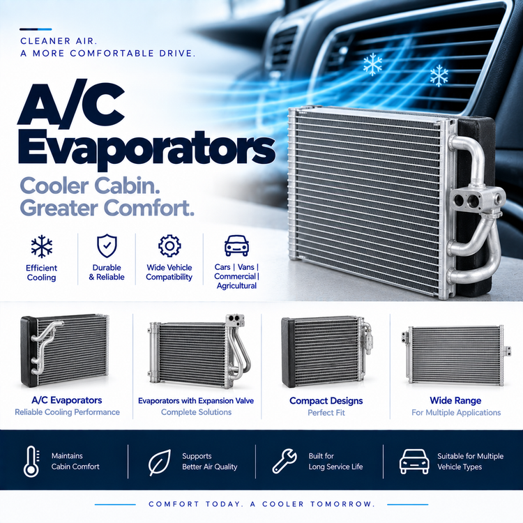 Replacement automotive air conditioning evaporator core showing its aluminium fins and refrigerant connections.