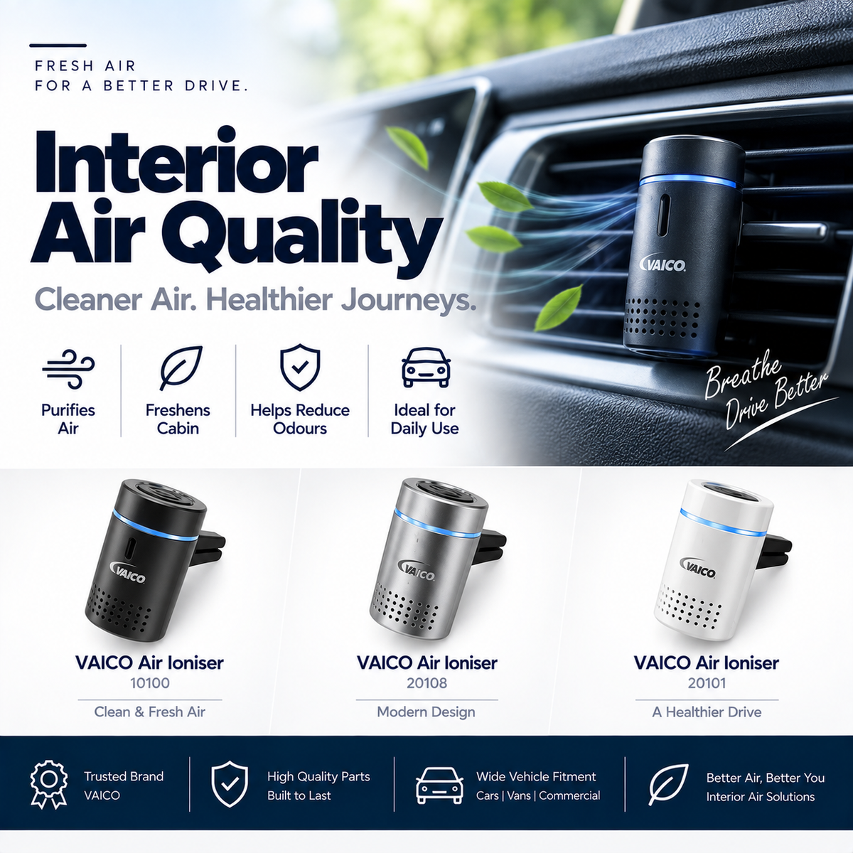 Automotive air ioniser device displayed inside a modern car cabin.