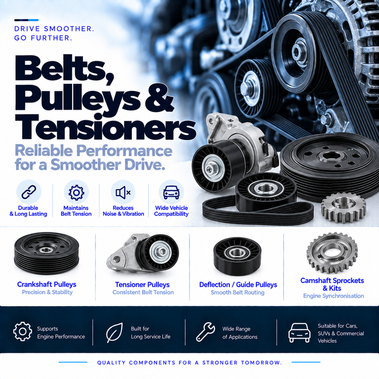 Automotive V-ribbed drive belt, crankshaft pulley and belt tensioner beside a vehicle engine.