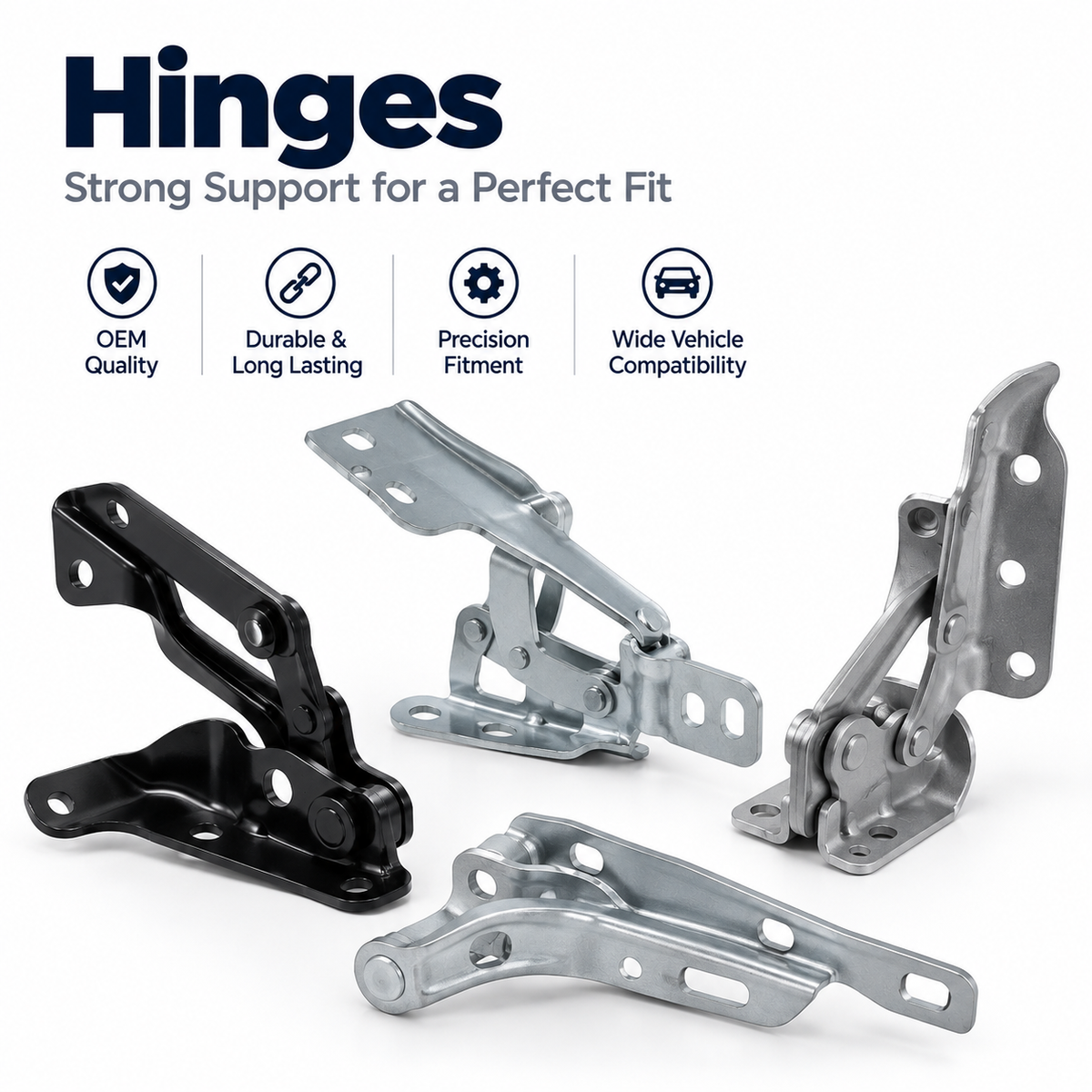 Replacement metal bonnet hinges beside an open car bonnet showing their mounting position.