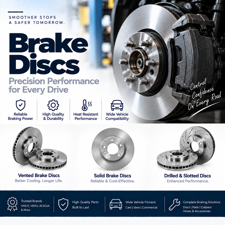 Replacement automotive brake disc beside a vehicle wheel showing the disc braking system.