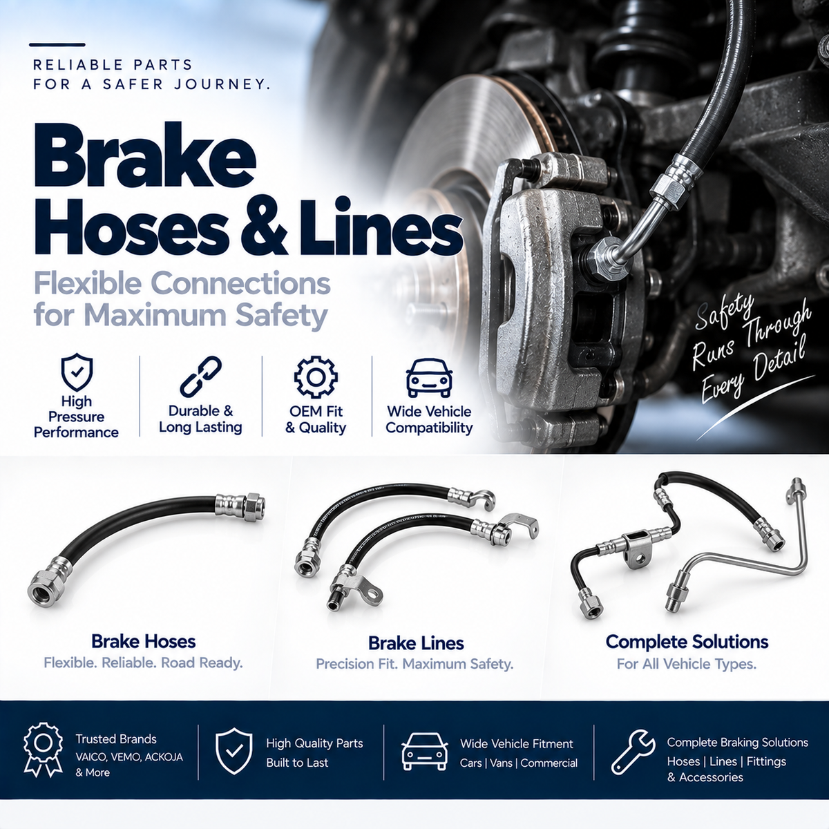Replacement flexible brake hose with metal fittings beside a vehicle brake caliper.