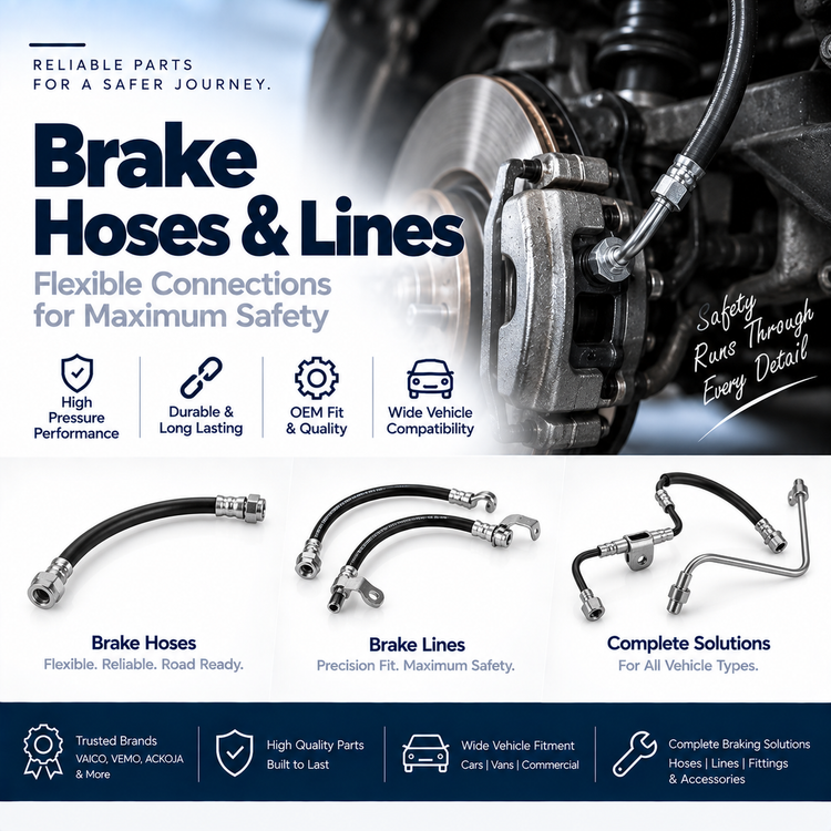 Replacement flexible brake hose with metal fittings beside a vehicle brake caliper.