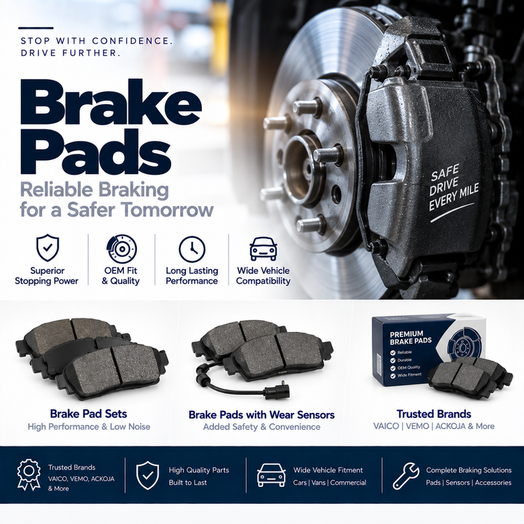 Replacement car disc brake pads displayed beside a vehicle brake disc and caliper.