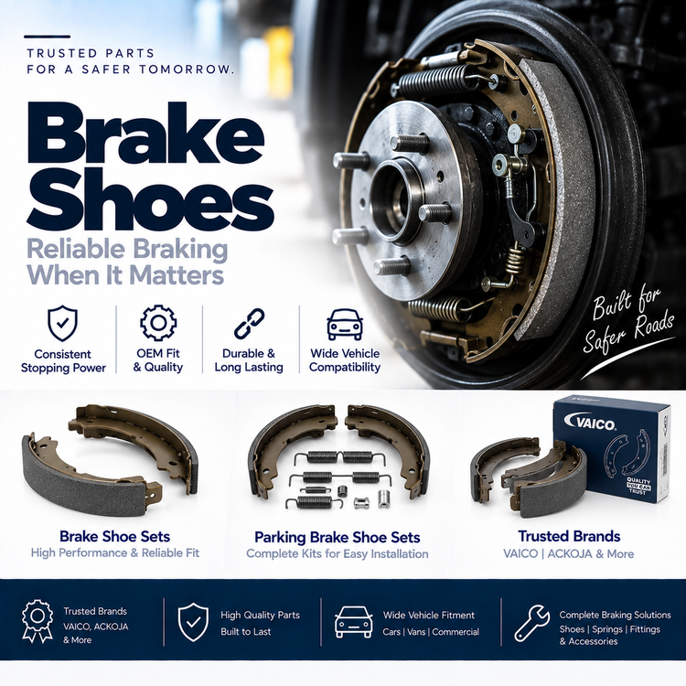 Replacement automotive brake shoe set beside a vehicle rear drum brake assembly.