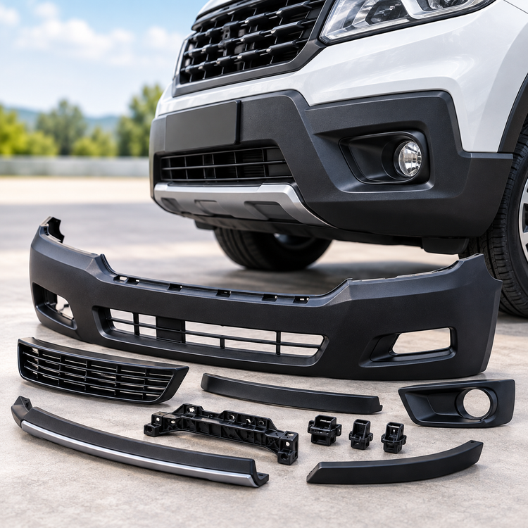 Replacement car bumper cover and exterior trim components beside a vehicle.