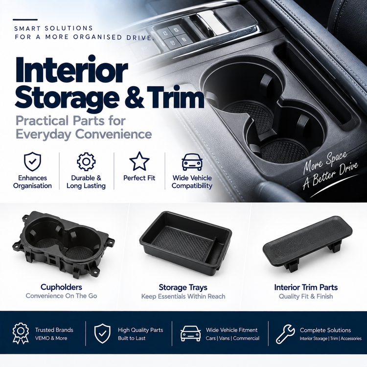 Replacement black automotive cupholder beside a car centre console showing its installation location.