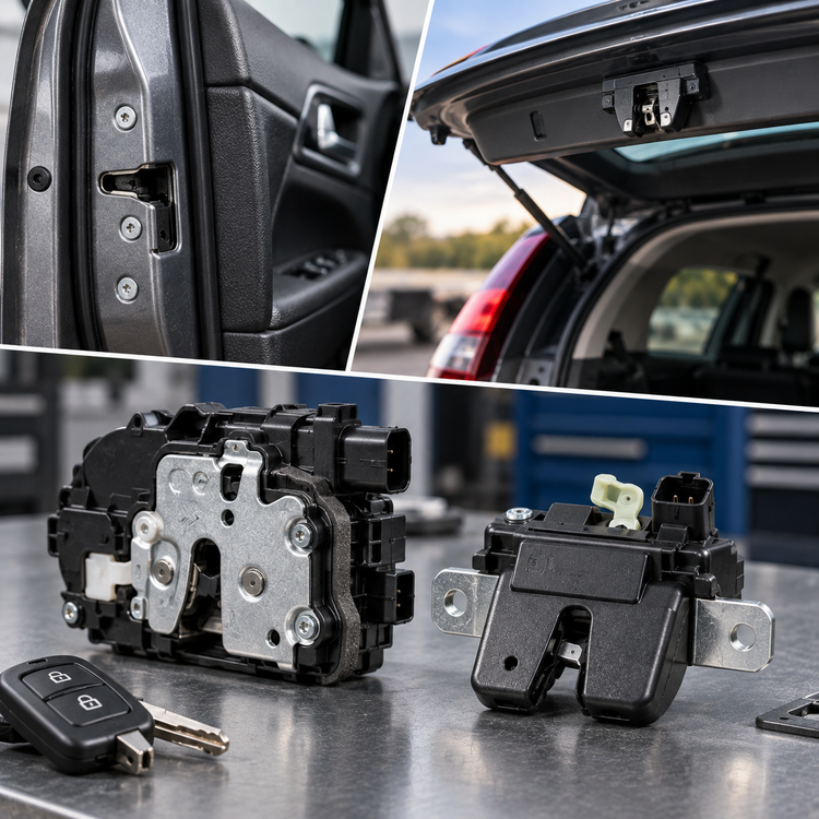 Replacement automotive door lock and tailgate latch assemblies with a vehicle tailgate in the background.