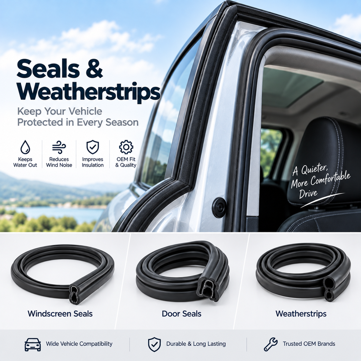 Replacement rubber door and windscreen seals beside a vehicle door and windscreen.