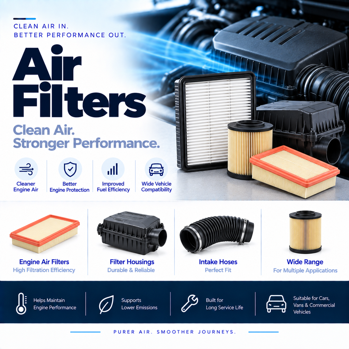 Replacement pleated engine air filter beside a car engine bay showing its air intake application.