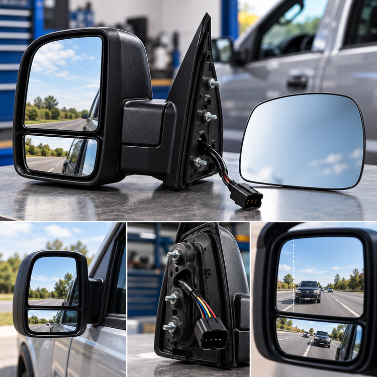 Replacement exterior car mirror assembly and side mirror glass beside a vehicle door