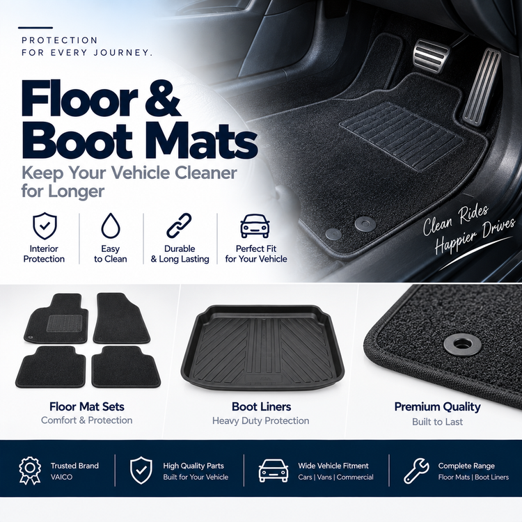 Replacement car floor mats and boot liner displayed beside a vehicle's open boot.