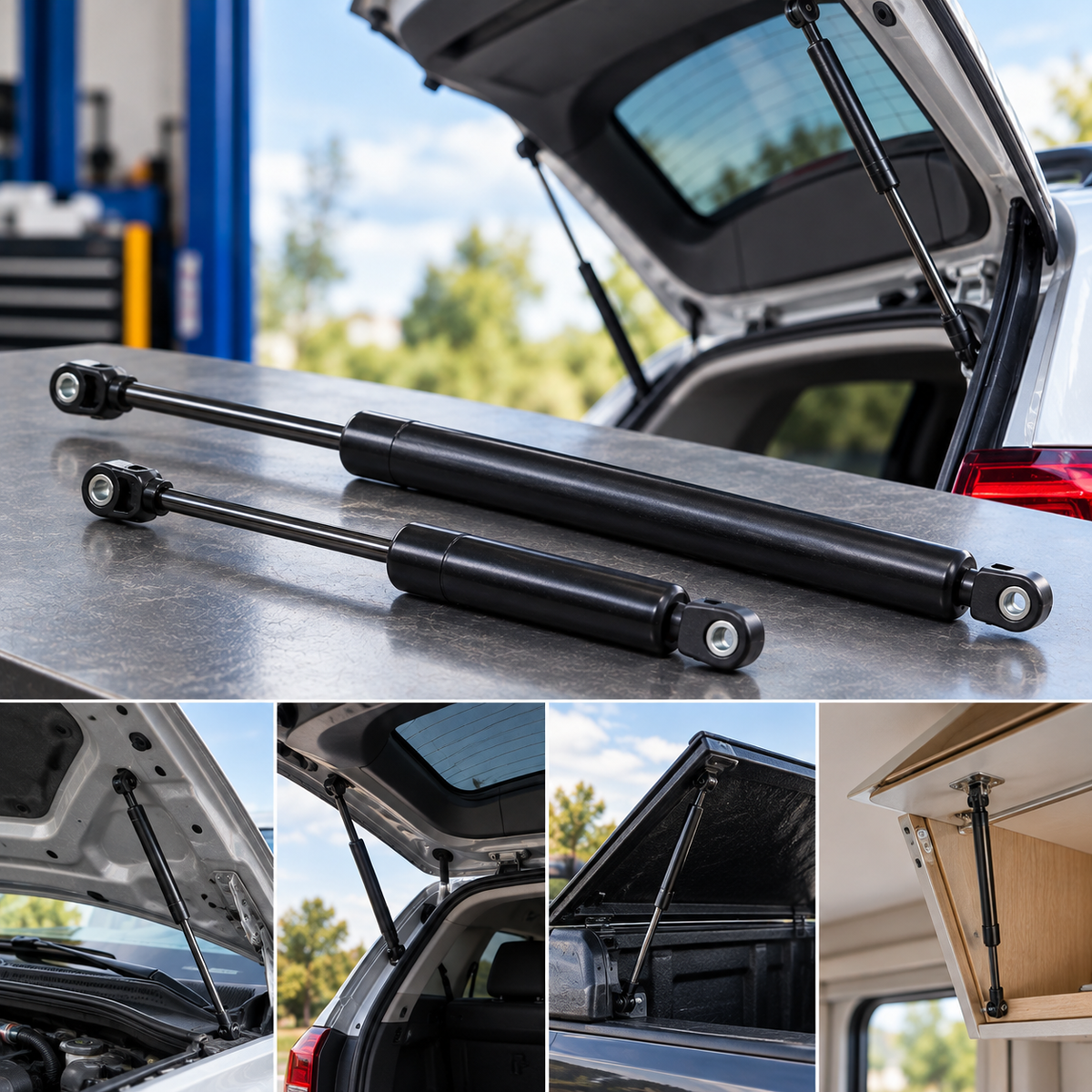 Automotive gas spring struts beside an open SUV tailgate showing their supporting function.
