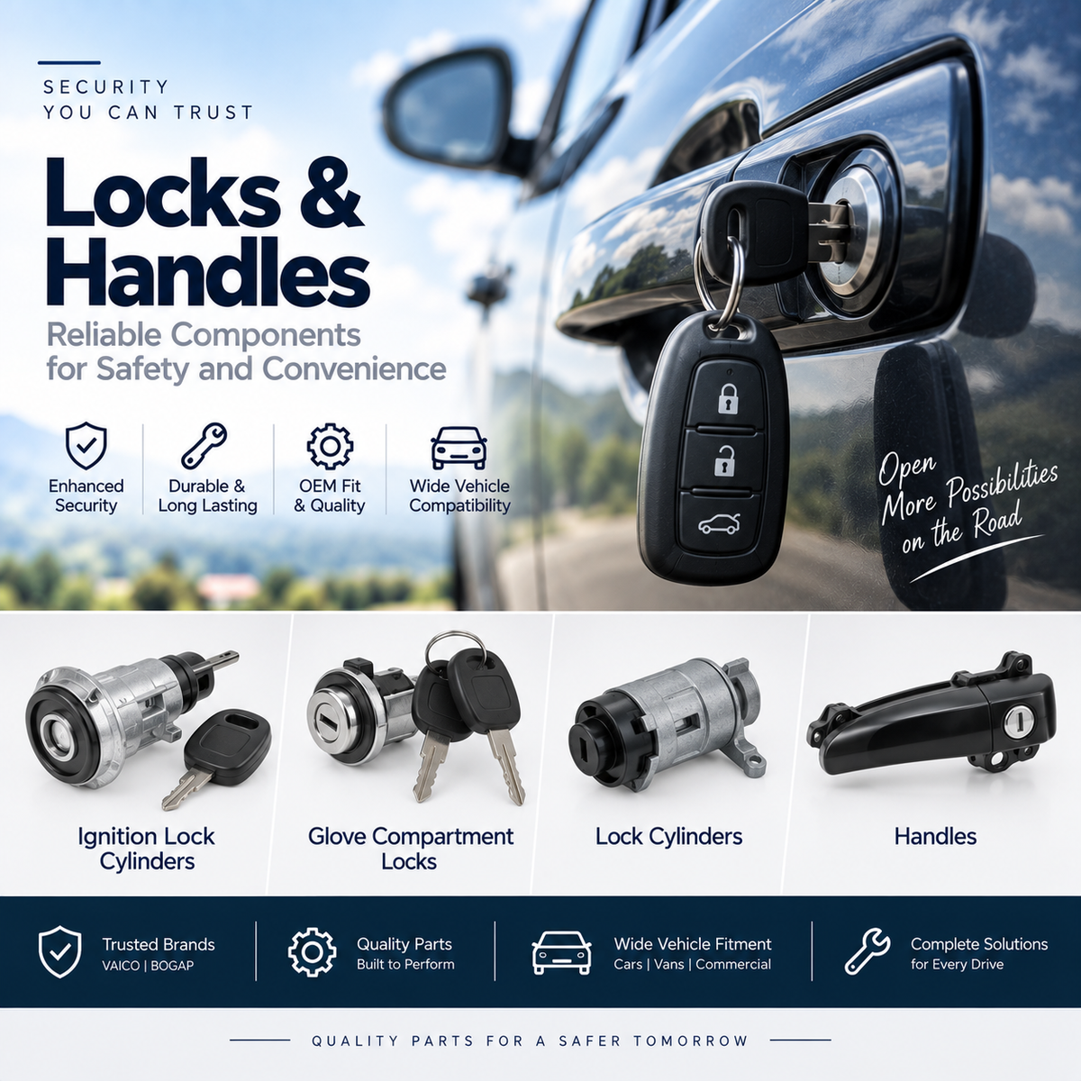Automotive ignition lock cylinder and glove compartment lock beside a vehicle dashboard.