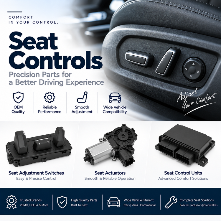 Replacement car seat adjustment switch and electric seat actuator beside a vehicle seat.