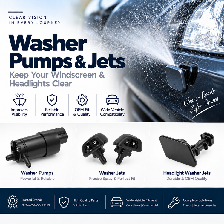 Replacement windscreen washer pump and washer jets beside a car windscreen showing their application.