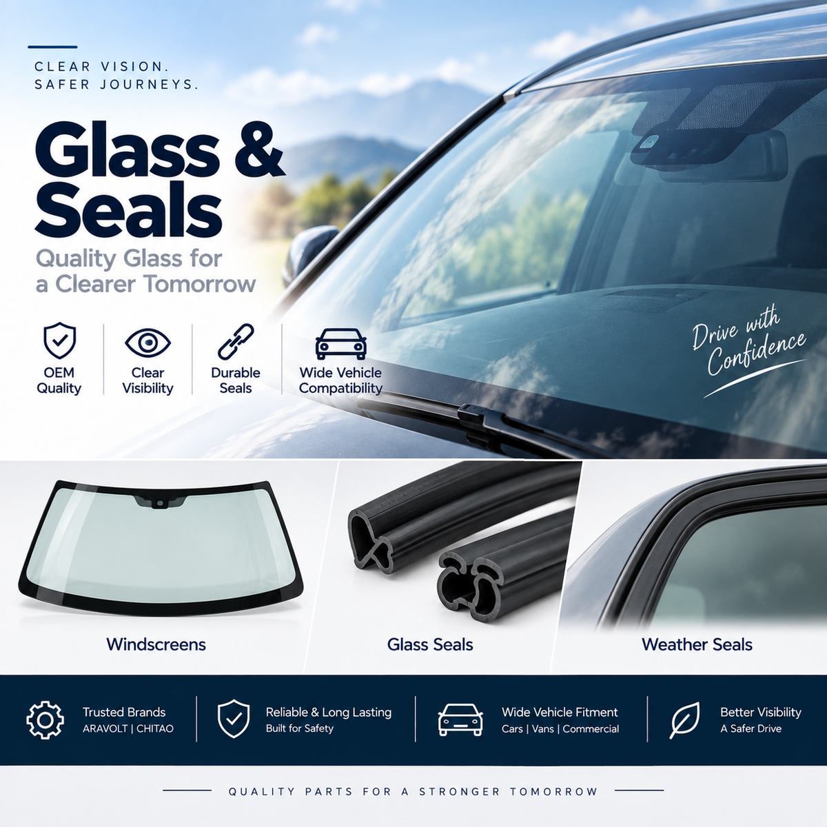 Replacement automotive windscreen glass beside a car showing its installation location.