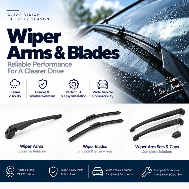 Replacement car wiper arm and blade beside a vehicle windscreen showing their installation and use.